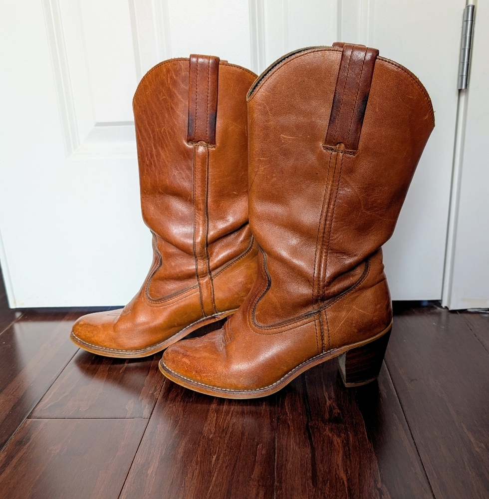 Vintage 70's Cognac Leather Dexter Stacked Heel Cowboy Boots Women's Size 8 - Picture 5 of 7